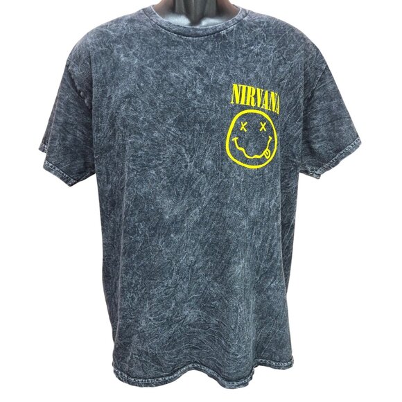 Nirvana Washed Black T-Shirt Large Yellow Smiley Logo Graphic Design - Picture 1 of 7